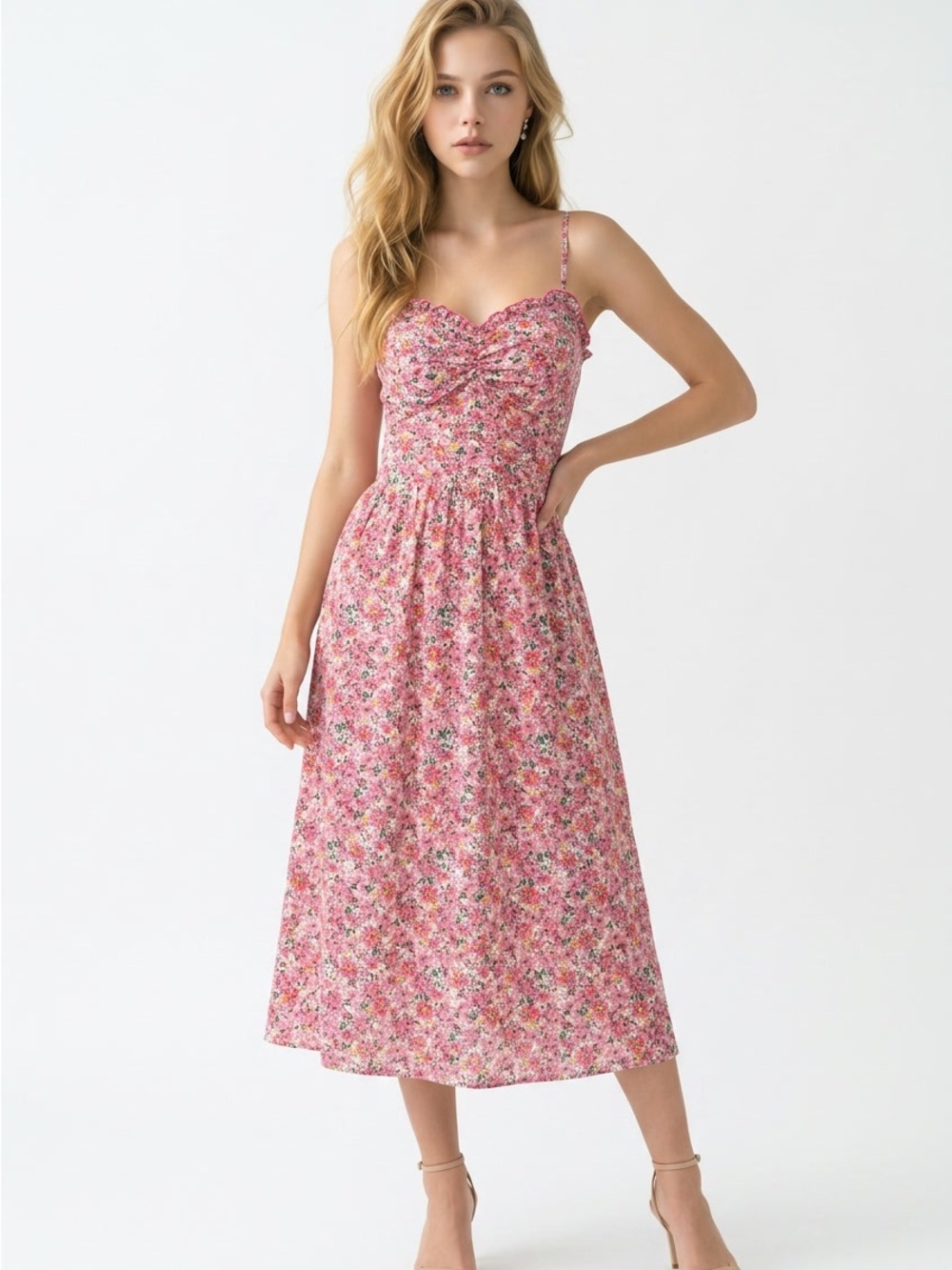 Floral Pink Midi Sundress with Ruching